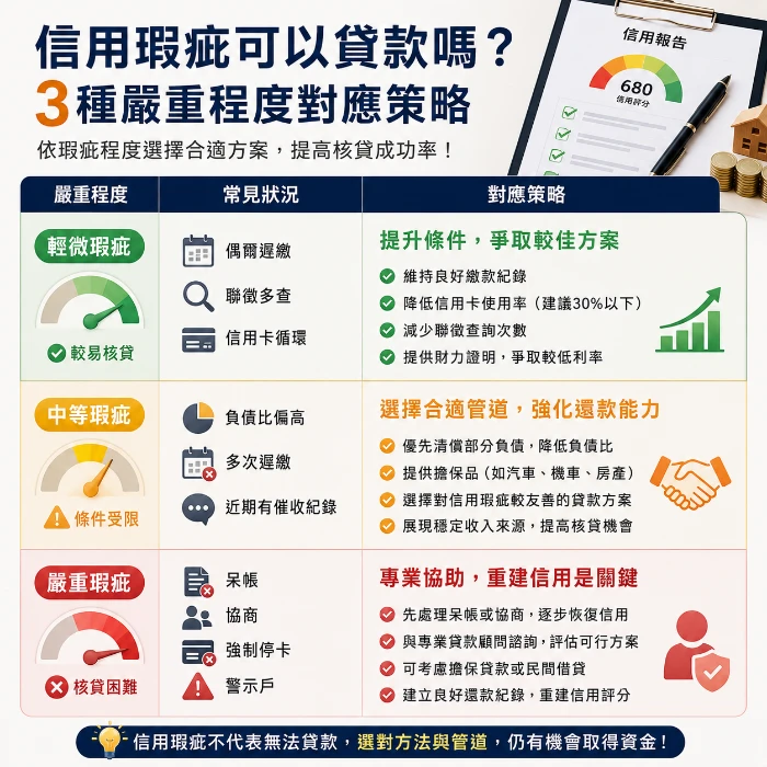 信用瑕疵貸款申請示意圖,解析信用瑕疵輕微、中等與嚴重程度差異,包含聯徵多查、信用卡循環、負債比過高、催收紀錄、呆帳、協商與警示戶等情況,幫助了解不同信用狀況的貸款策略與核貸方向。