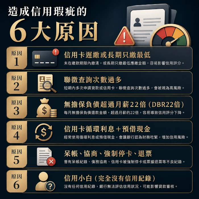 信用瑕疵常見原因示意圖,整理造成信用瑕疵的6大因素,包括信用卡遲繳、聯徵查詢過多、DBR22倍負債過高、信用卡循環利息、呆帳協商紀錄與信用小白,幫助了解信用評分下降原因與貸款影響。
