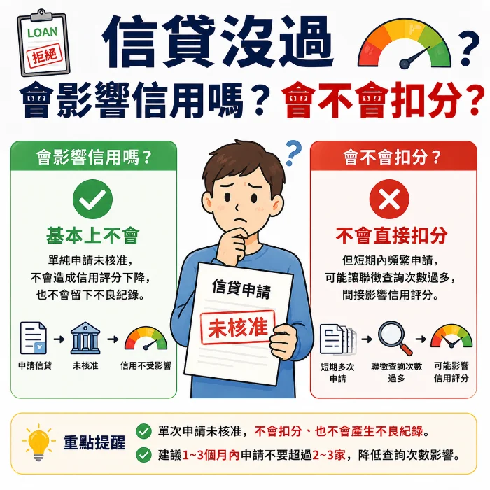 信貸沒過是否影響信用評分示意圖，說明信貸申請未核准不一定會直接扣分，但短時間頻繁送件與聯徵查詢過多，可能間接影響信用分數與後續貸款成功率。