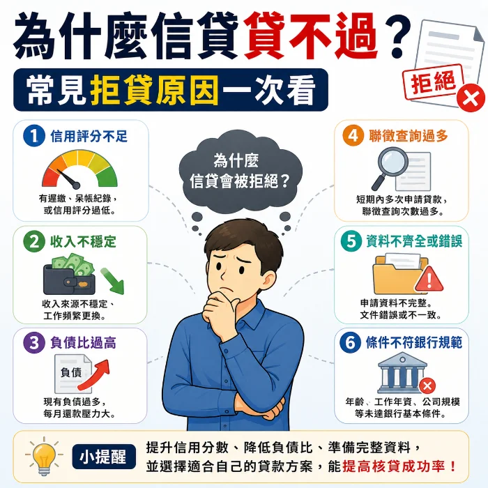 信貸貸不過常見原因示意圖，包含信用評分不足、收入不穩定、負債比過高、聯徵查詢過多與資料不完整等常見拒貸因素，幫助了解銀行信貸未核准原因。