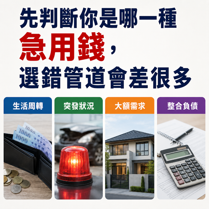 銀行拒貸後如何判斷急用錢類型示意圖，包含生活周轉、突發狀況、大額需求與整合負債四種資金需求分類，幫助提高成功借款機率與選對借款管道。